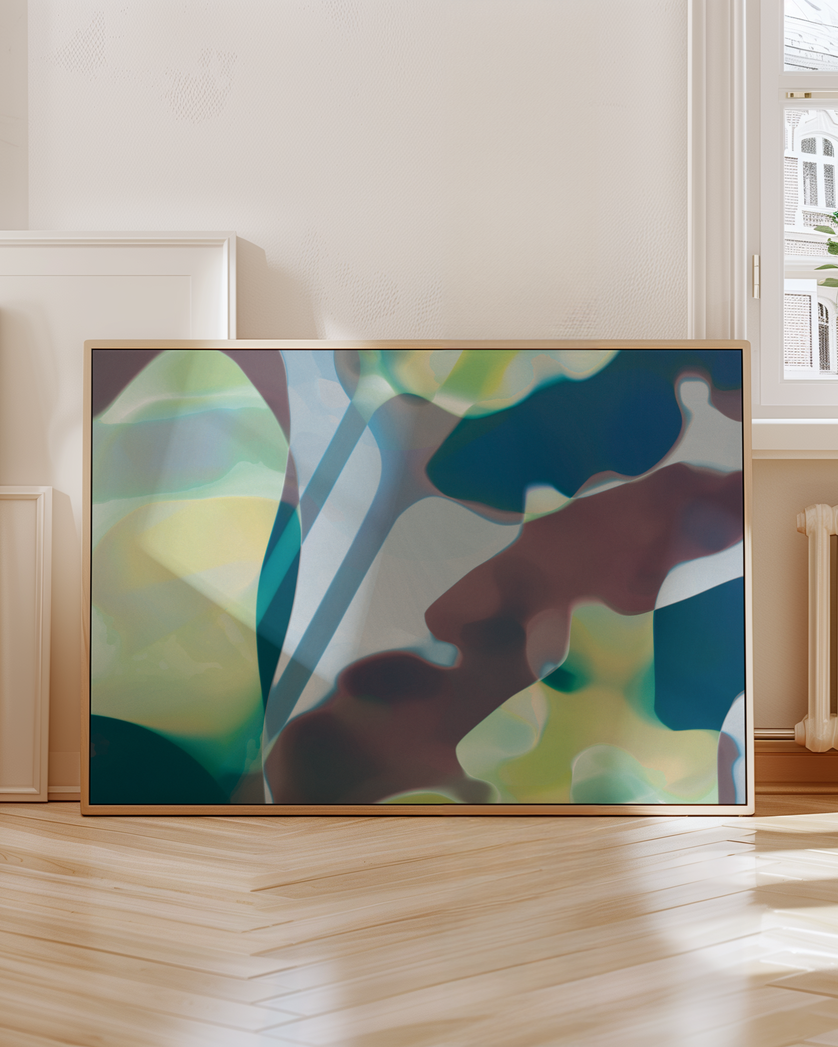 Abstract Inka Lily poster displayed in a living room with neutral decor.