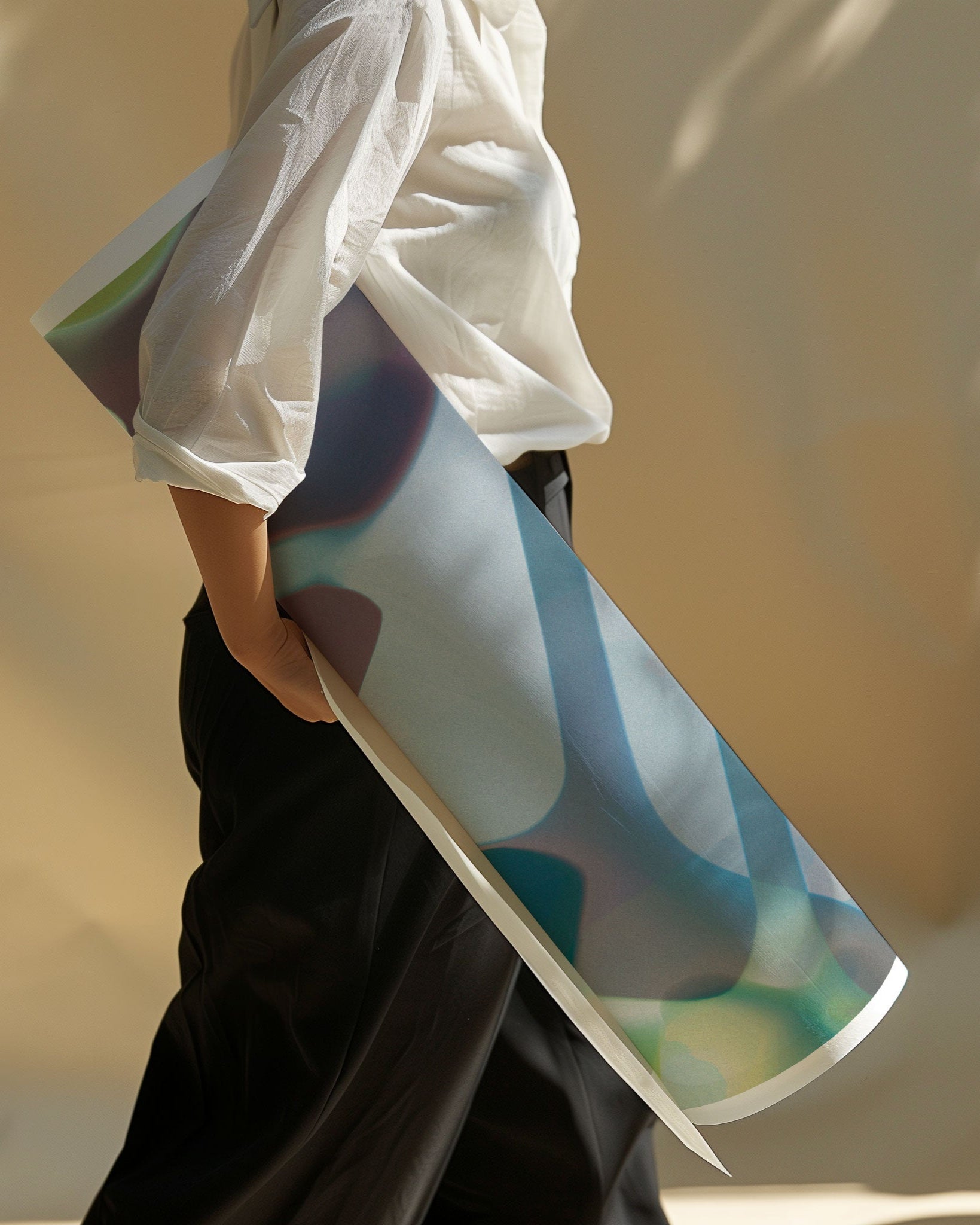 Woman carrying rolled up abstract inka lily poster