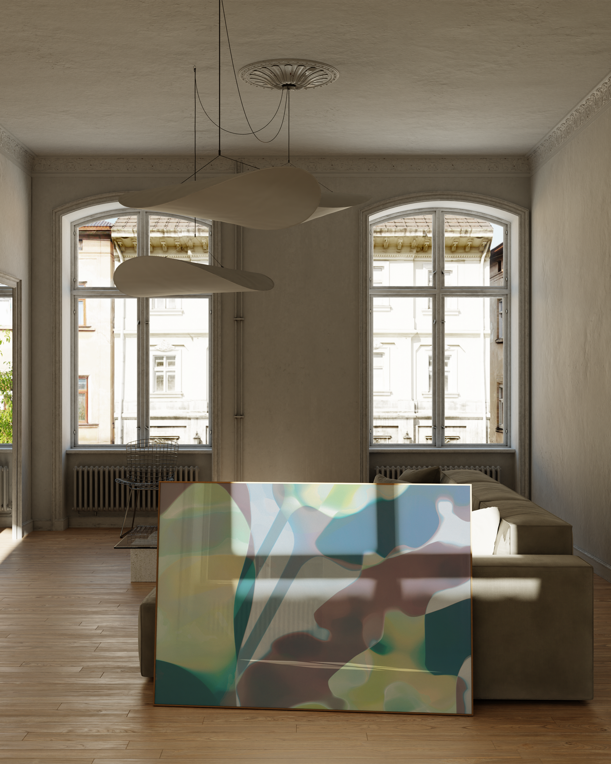 Abstract botanical inka lily poster in living room interior