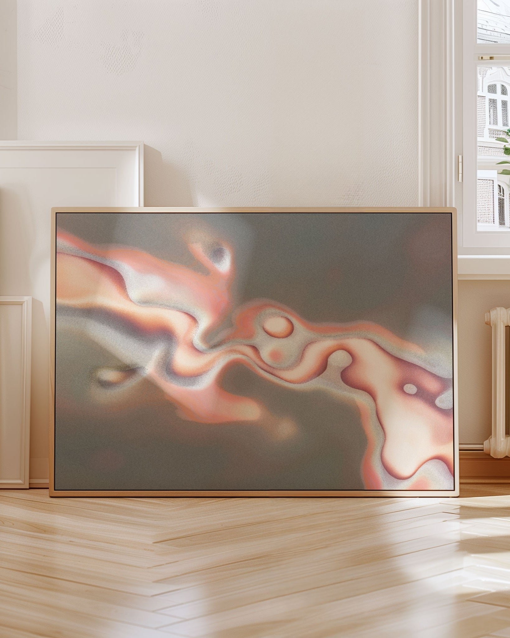 Abstract poster in soft pink and muted grey tones – modern minimalist wall art for home decor.