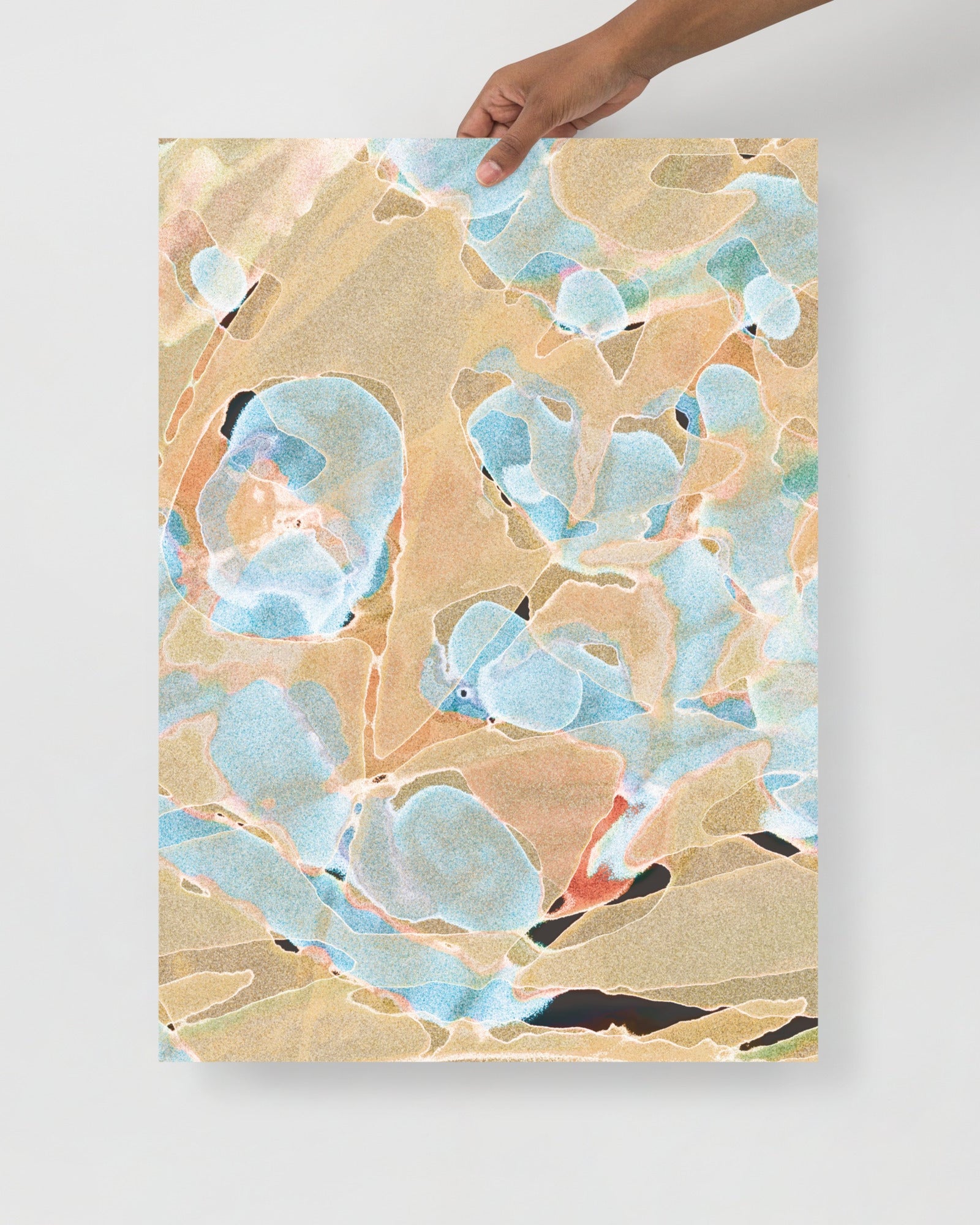 Soothing abstract floral poster in blue, yellow, and beige, printed in 50x70 cm for modern home decor