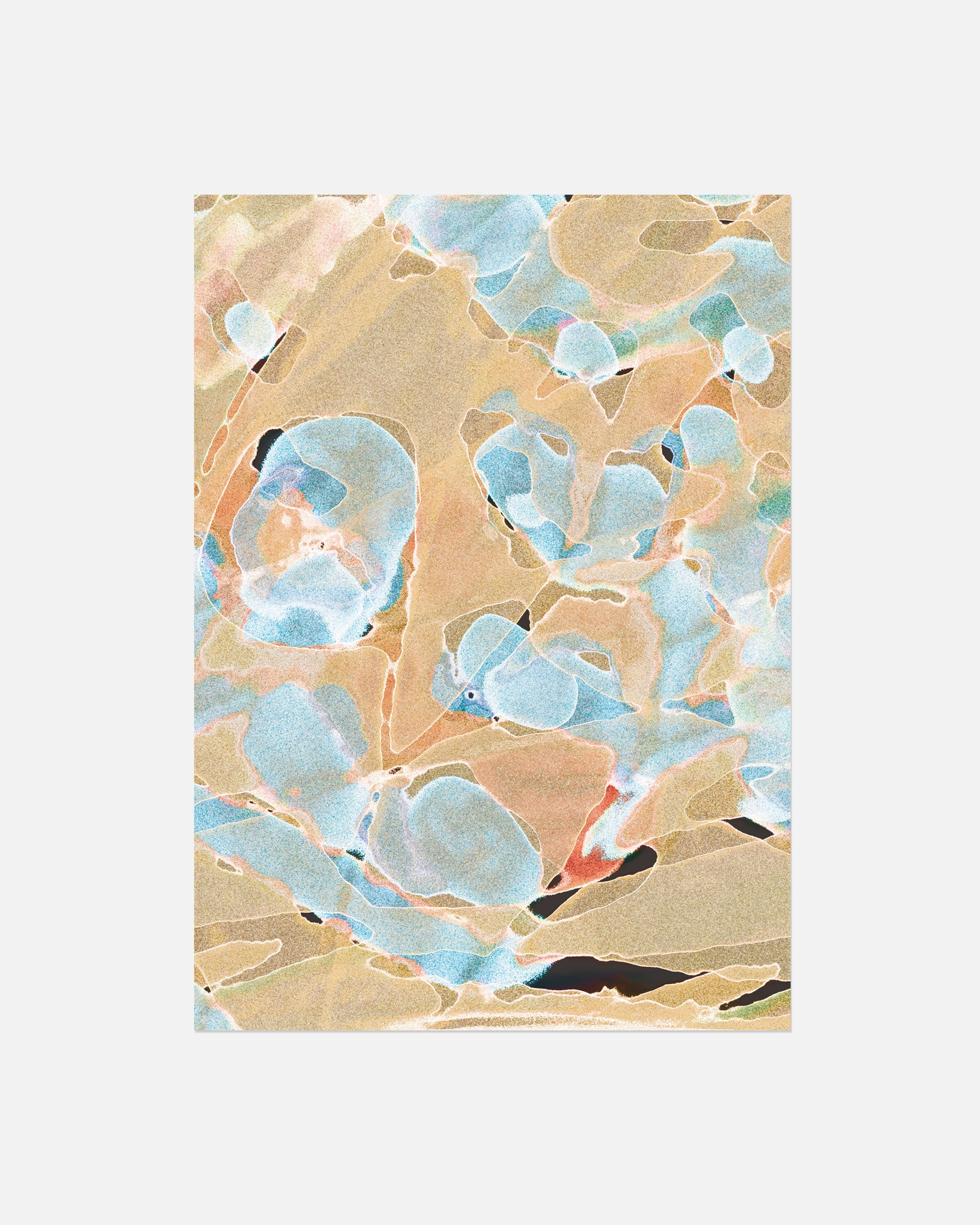 Floral abstract poster in soft blue, yellow, and beige tones, displayed on a neutral background