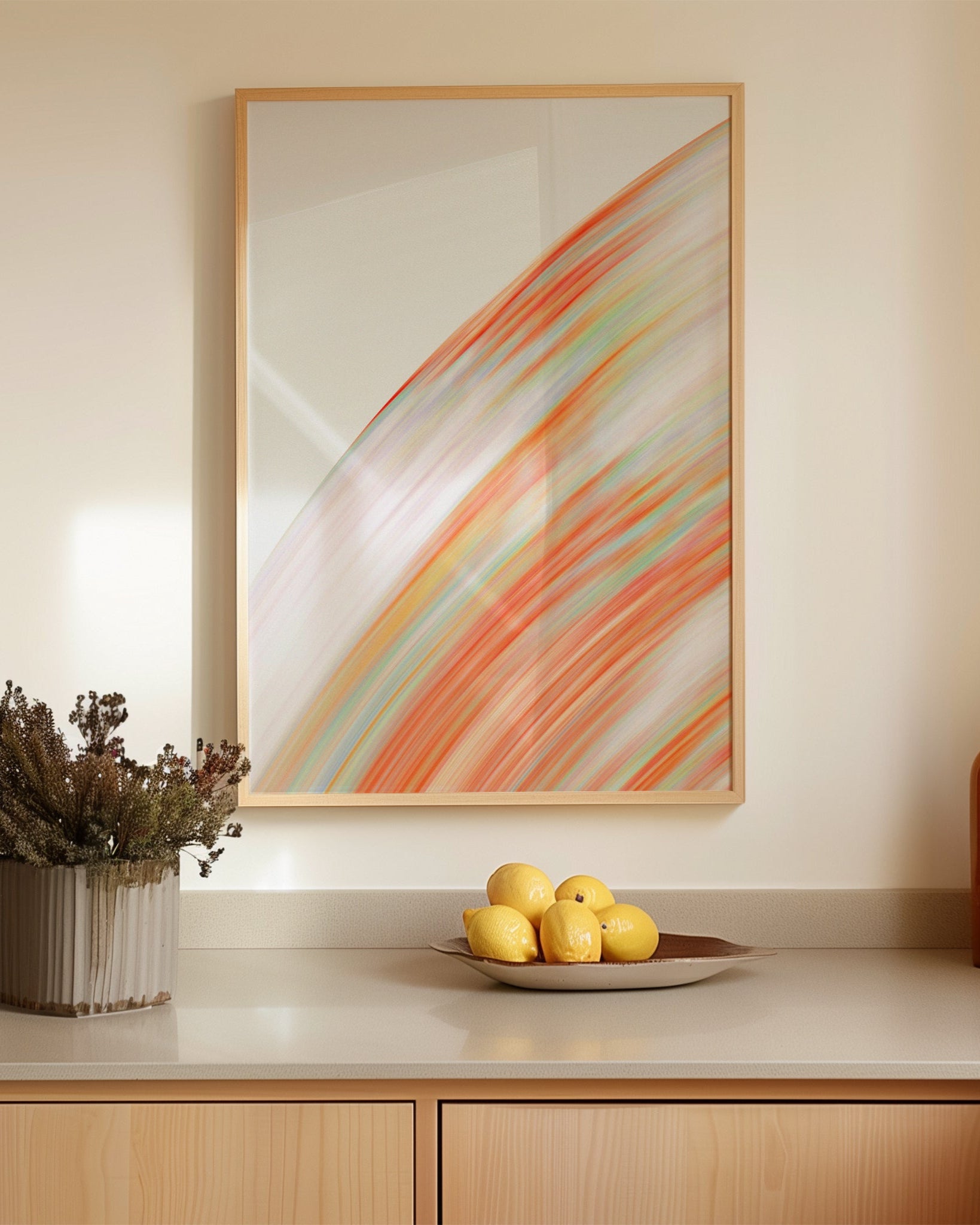 Abstract planet-inspired wall art in bold orange and green, available in 50x70 cm for modern spaces