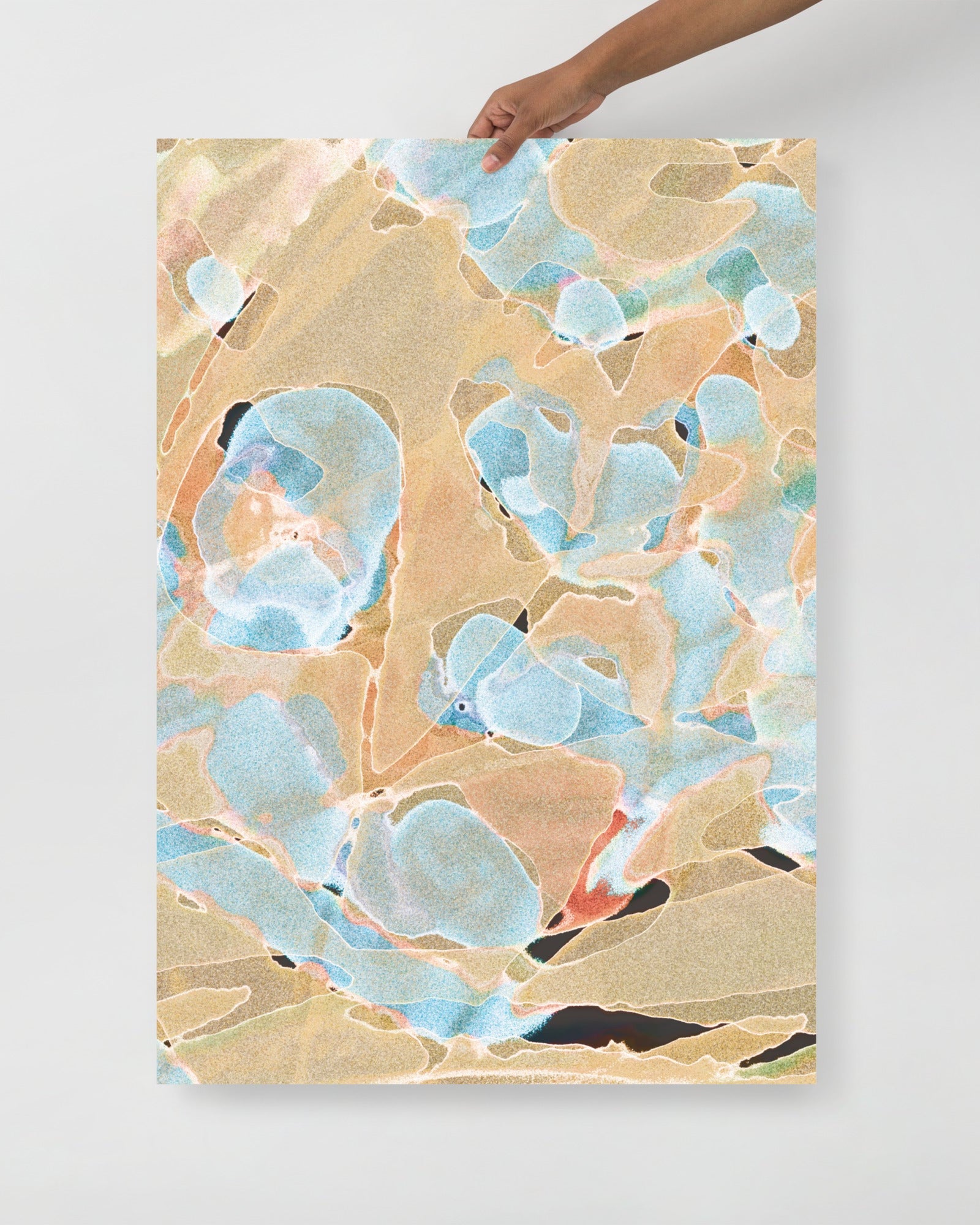 Oversized abstract floral print in calming blue, yellow, and beige, available in 70x100 cm for statement wall decor