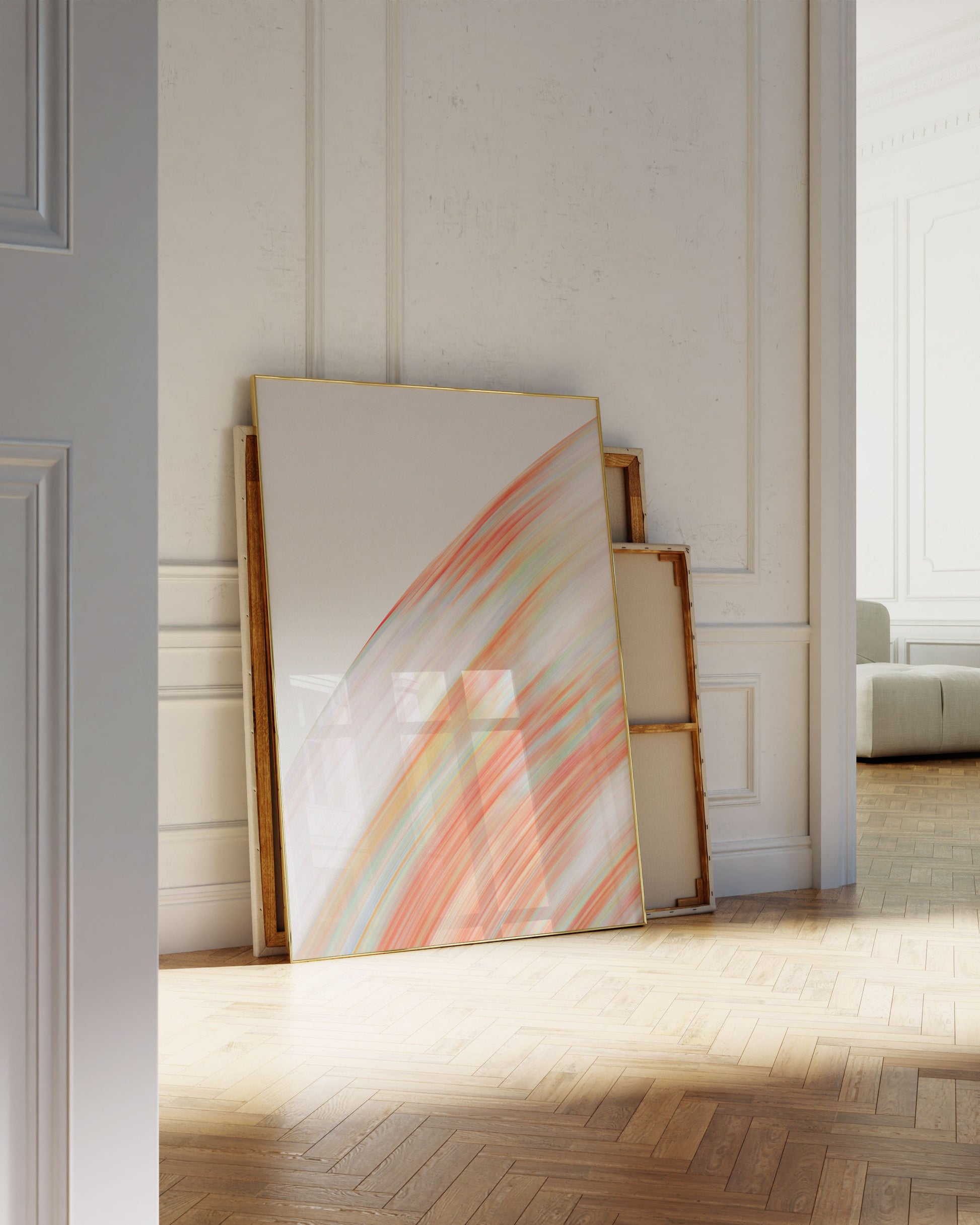 Oversized abstract planet-inspired print in warm orange and deep green, available in 70x100 cm for statement wall decor